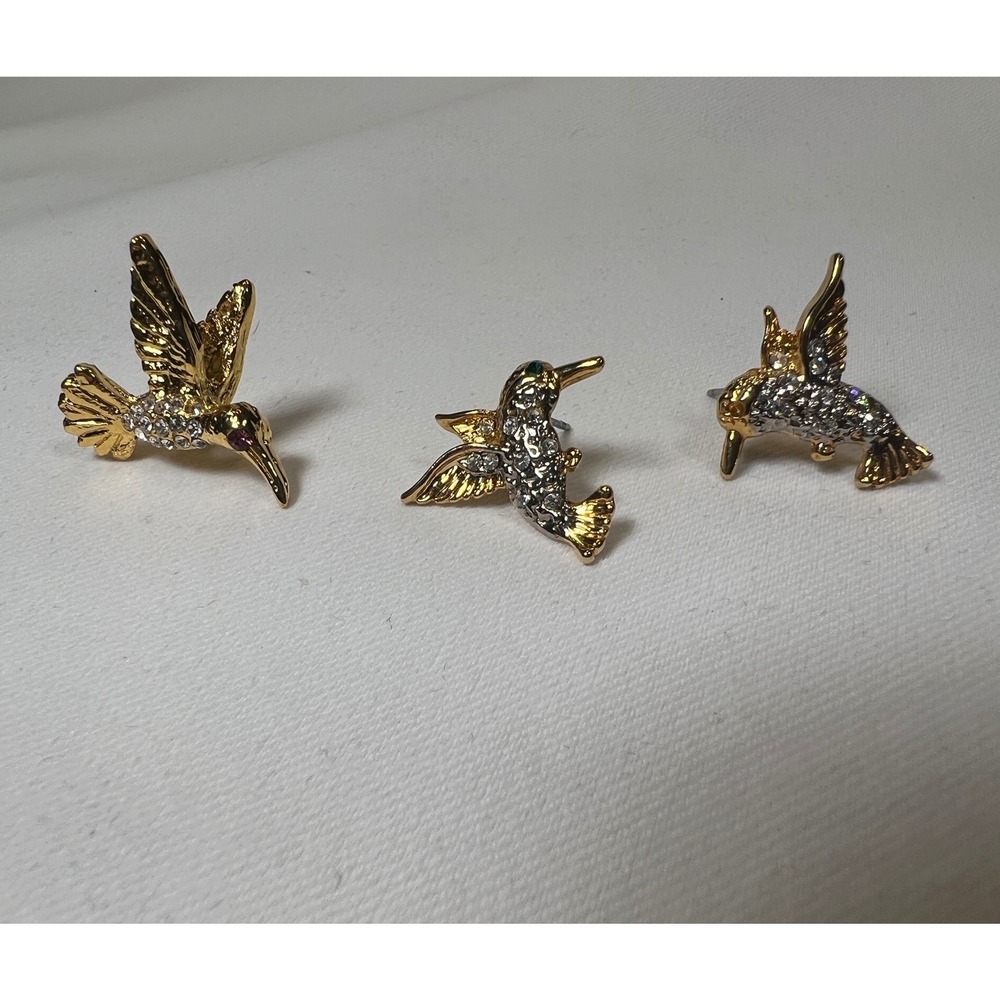 Gold Tone Hummingbird Rhinestone Stud Earrings and Lapel Pin Set Vintage Style